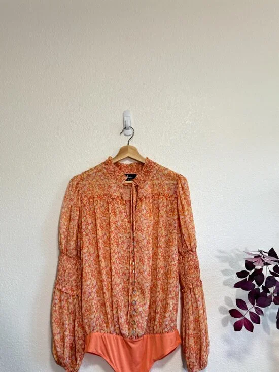 LULUS Lovely Thoughts Peach Floral Print Ruffled Long Sleeve Bodysuit Small - Picture 5 of 8